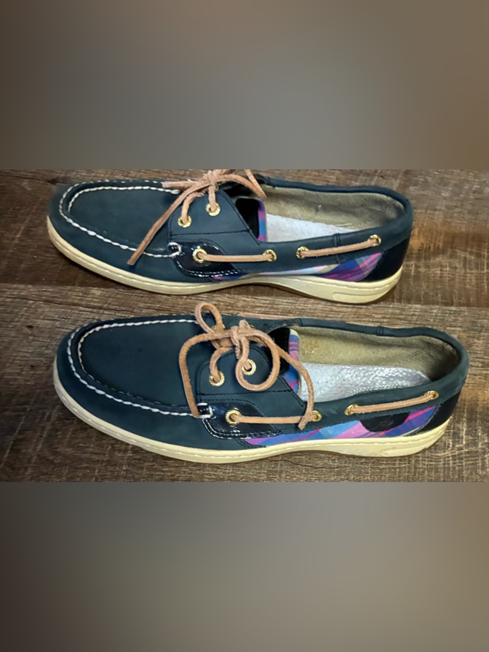 Sperry Navy Leather Boat Shoes with Tan Laces and Multicolor Plaid Trim